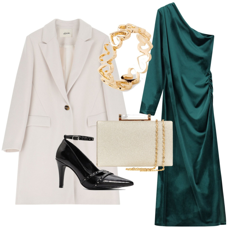 Outfit donna - Serata in lungo. Stile Casual per Serata fuori. Abbinamento con anelli, décolleté, clutch, vestiti asimmetrici, cappotti.