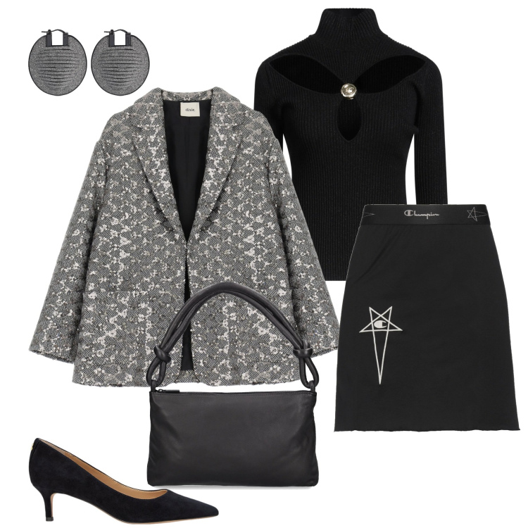 Outfit donna - Serata fuori. Stile Chic per Serata fuori. Abbinamento con minigonne, maglieria, blazer, décolleté, orecchini, borse a spalla.