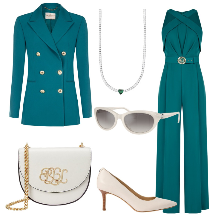 Outfit donna - Cerimonia. Stile Glamour per Cerimonia. Abbinamento con collane, tute, blazer, borse a tracolla, occhiali da sole, décolleté.