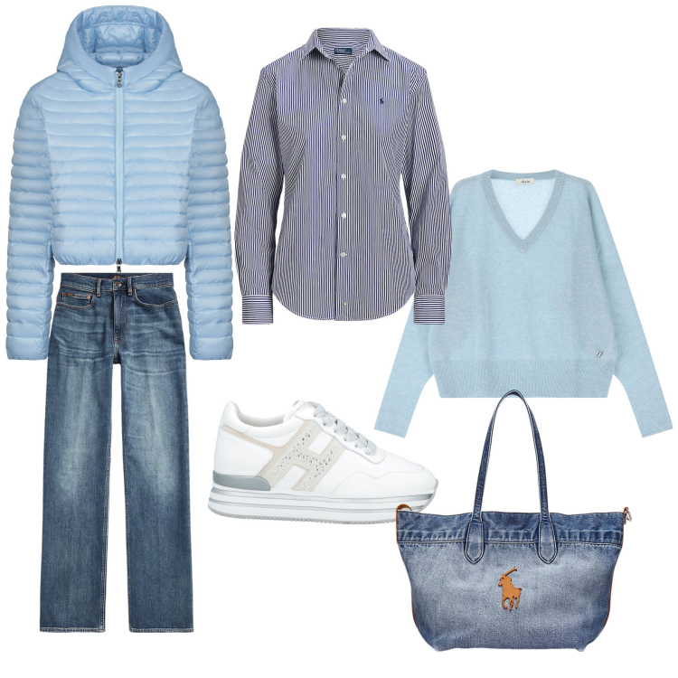 Outfit donna - Jeans e sneaker. Stile Sporty chic per Tutti i giorni. Abbinamento con sneakers, pullovers, jeans dritti, camicie, borse tote, piumini.