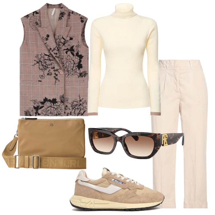 Outfit donna - Cristina. Stile Casual per Tutti i giorni. Abbinamento con pantaloni, gilet, borse a tracolla, occhiali da sole, pullovers, sneakers.