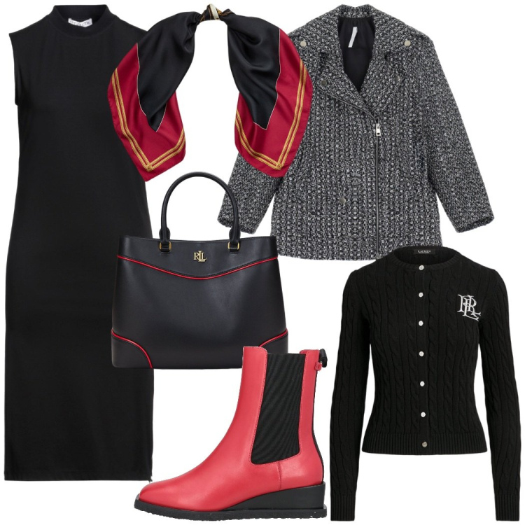 Outfit donna - Pranzo di lavoro. Stile Urban per Ufficio. Abbinamento con stivaletti, vestiti midi/longuette, blazer, cardigans, borse a mano, foulard.