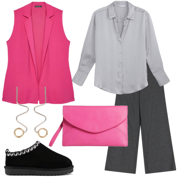 Outfit donna - Linee morbide. Stile Minimal per Tutti i giorni. Abbinamento con borse a mano, camicie, pantaloni a palazzo, orecchini, gilet, sabot.
