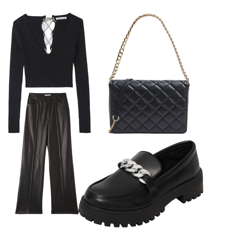 Outfit donna - Aperitivo. Stile Trendy per Tutti i giorni. Abbinamento con mocassini, maglieria, pantaloni, borse a tracolla.