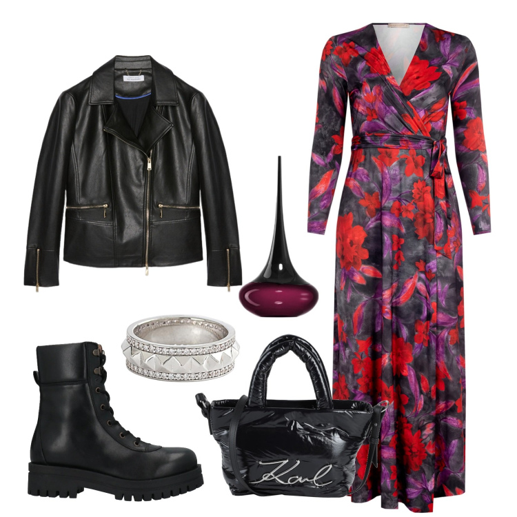 Outfit donna - Stile Boho Biker. Stile Boho per Serata fuori. Abbinamento con anfibi, borse a mano, profumi, anelli, vestiti, blazer.