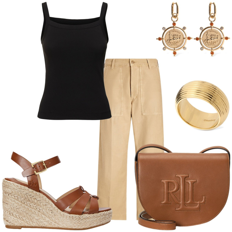 Outfit donna - La giornata in giro per compere. Stile Casual chic per Tutti i giorni. Abbinamento con borse a tracolla, pantaloni, espadrillas, orecchini, canottiere, anelli.