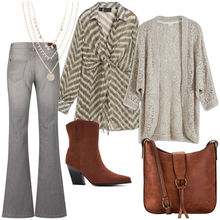 Outfit donna - Primavera boho. Stile Boho per Tutti i giorni. Abbinamento con jeans bootcut, borse a tracolla, collane, bluse, cardigans, stivaletti texani.