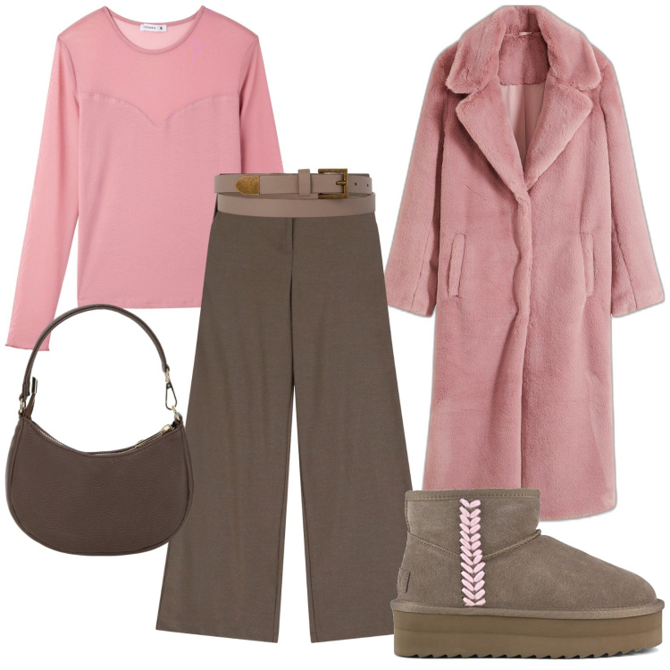 Outfit donna - Total look #2055270. Stile Casual per Tutti i giorni. Abbinamento con ecopellicce, t-shirt, pantaloni a palazzo, borse a spalla, stivaletti, cinture.