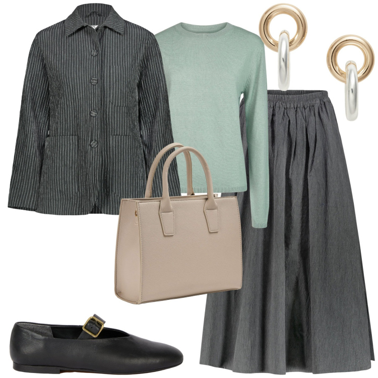 Outfit donna - Doppelganger. Stile Urban per Tutti i giorni. Abbinamento con shopping bag, orecchini, gonne, maglieria, blazer, ballerine.