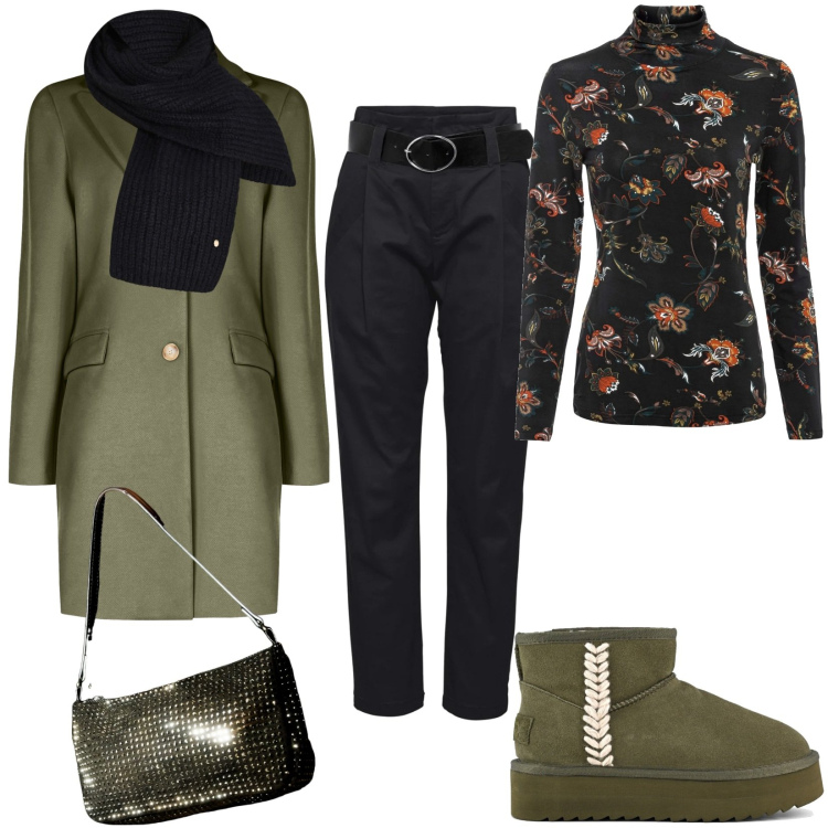 Outfit donna - Total look #2055293. Stile Casual per Scuola/Università. Abbinamento con pantaloni, maglieria, borse a spalla, cappotti, sciarpe, stivaletti.