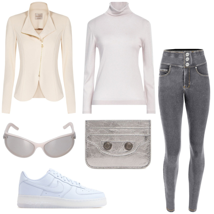 Outfit donna - Back to work. Stile Casual chic per Ufficio. Abbinamento con maglieria, blazer, jeans skinny, sneakers, portafogli, occhiali da sole.