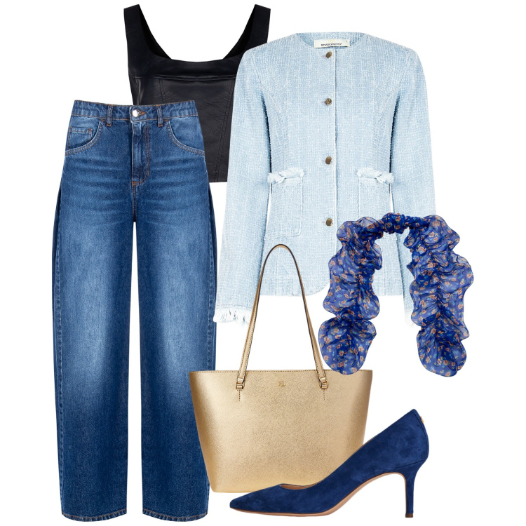 Outfit donna - Rinascimento - SS25. Stile Casual chic per Tutti i giorni. Abbinamento con jeans, blazer, top, décolleté, borse tote, sciarpe.