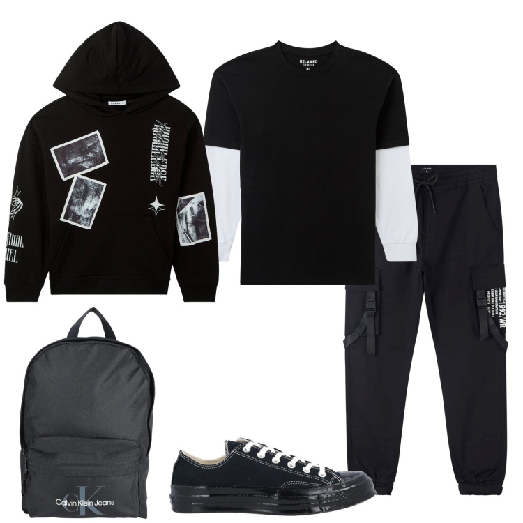 Outfit uomo - @school. Stile Urban per Tutti i giorni. Abbinamento con borse sportive, sneakers, felpe con cappuccio, pantaloni cargo, t-shirt.