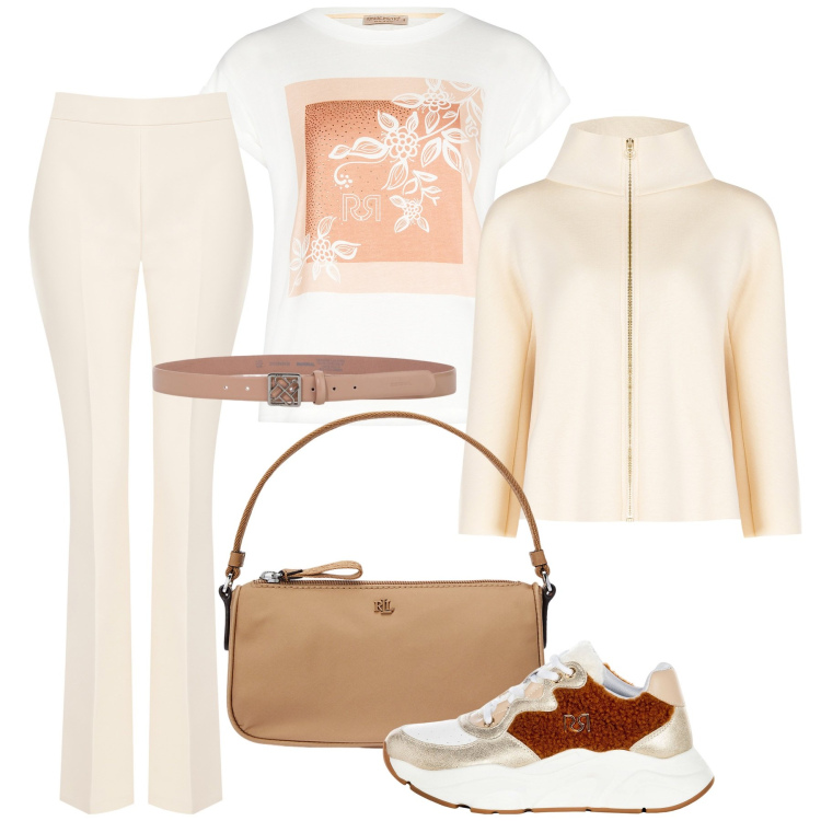 Outfit donna - Rinascimento - SS25. Stile Basic per Tutti i giorni. Abbinamento con cinture, t-shirt, sneakers, pantaloni, cappe, pochette.