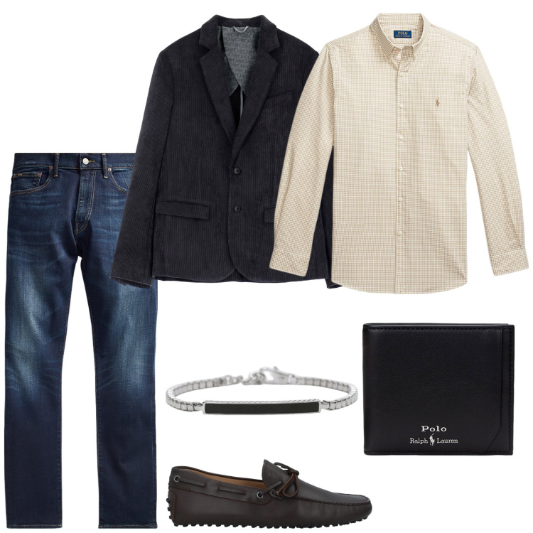 Outfit uomo - Cena informale. Stile Trendy per Serata speciale. Abbinamento con scarpe stringate, braccialetti, giacche, jeans, camicie, portafogli.