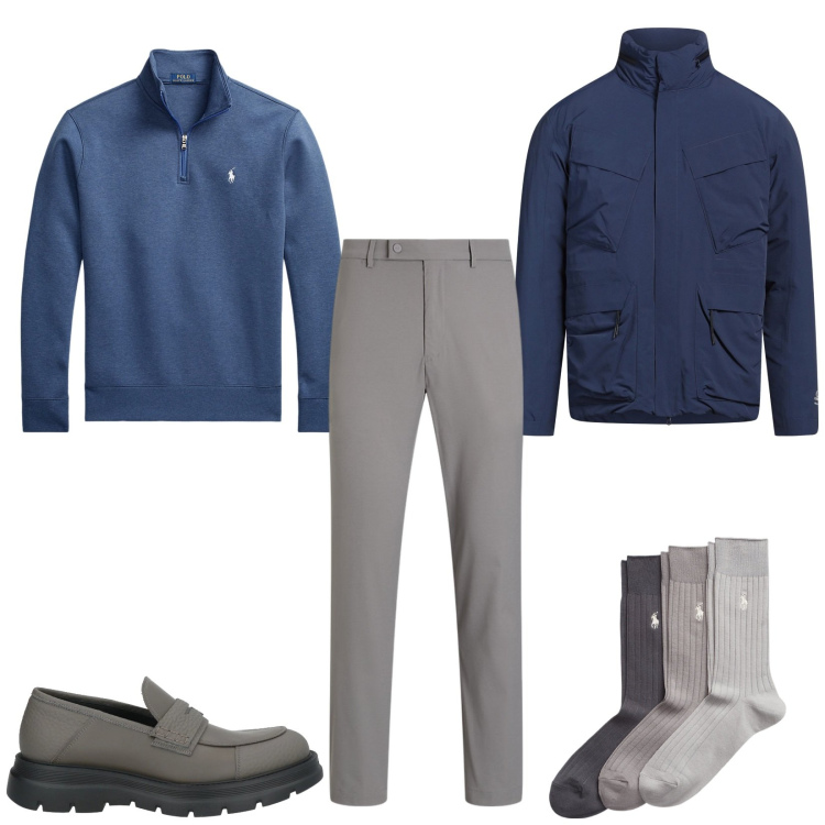 Outfit uomo - Grigio e blu. Stile Casual per Tutti i giorni. Abbinamento con scarpe stringate, piumini, pullovers, calzini, pantaloni.