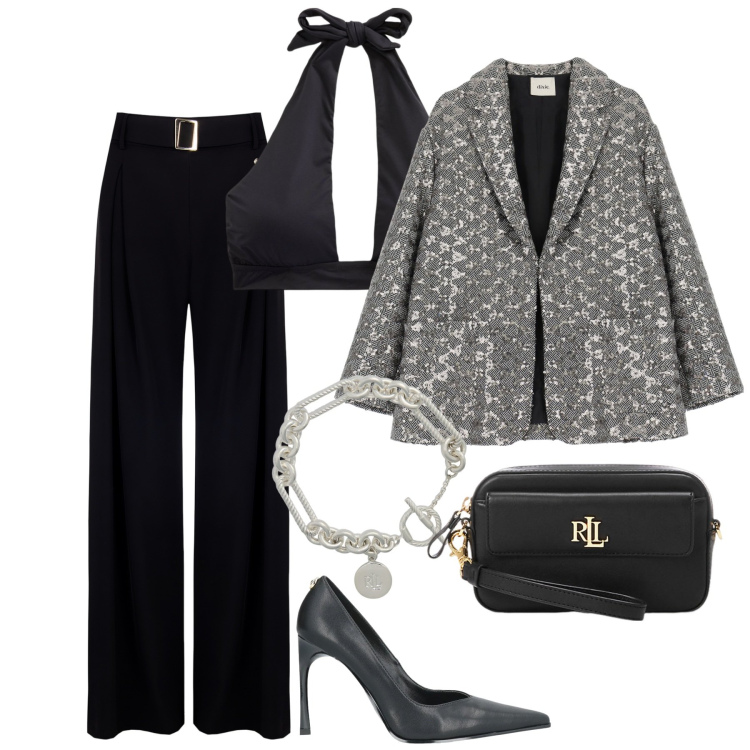 Outfit donna - Dettagli metallici per brillare - Focus. Stile Chic per Tutti i giorni. Abbinamento con décolleté, pantaloni, blazer, pochette, braccialetti, top.
