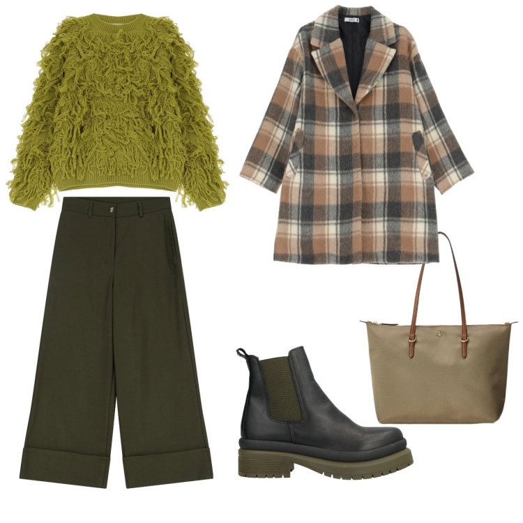 Outfit donna - In ufficio con simpatia. Stile Casual per Tutti i giorni. Abbinamento con stivaletti, pantaloni, maglieria, cappotti, borse tote.