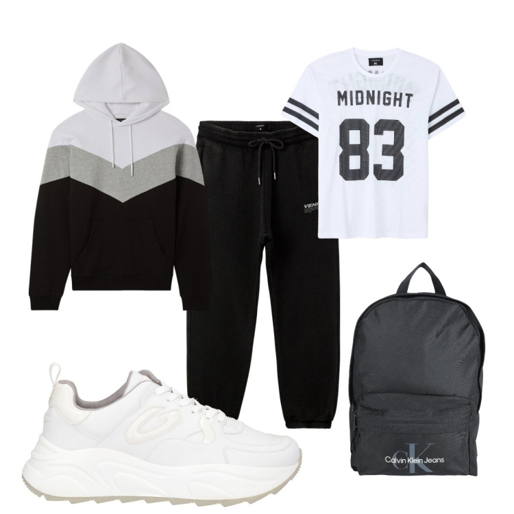 Outfit uomo - Total look #2055374. Stile Casual per Sport. Abbinamento con sneakers, borse sportive, pantaloni sportivi, t-shirt sportive, felpe con cappuccio.
