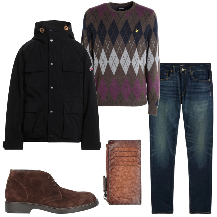 Outfit uomo - In città. Stile Casual per Tutti i giorni. Abbinamento con pullovers, stivali e stivaletti, portafogli, trench, jeans.