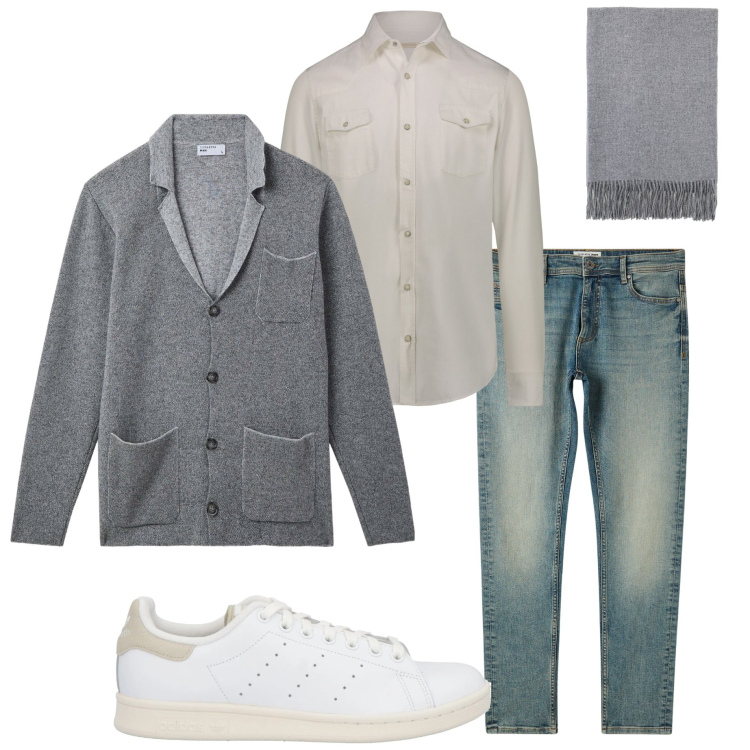 Outfit uomo - Aperitivo con gli amici. Stile Casual per Serata speciale. Abbinamento con sneakers, giacche, jeans skinny, sciarpe, camicie.