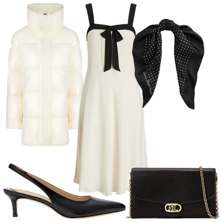 Outfit donna - Total look #2055403. Stile Chic per Serata fuori. Abbinamento con foulard, borse a tracolla, vestiti senza maniche, décolleté, blazer.