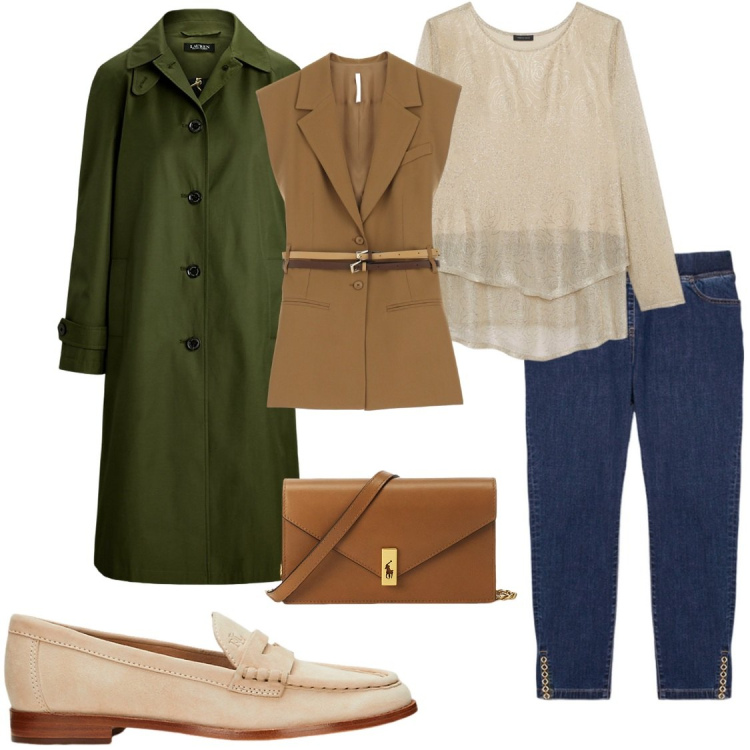 Outfit donna - Ufficio. Stile Bon Ton per Ufficio. Abbinamento con gilet, cappotti, clutch, mocassini, t-shirt, jeggings.