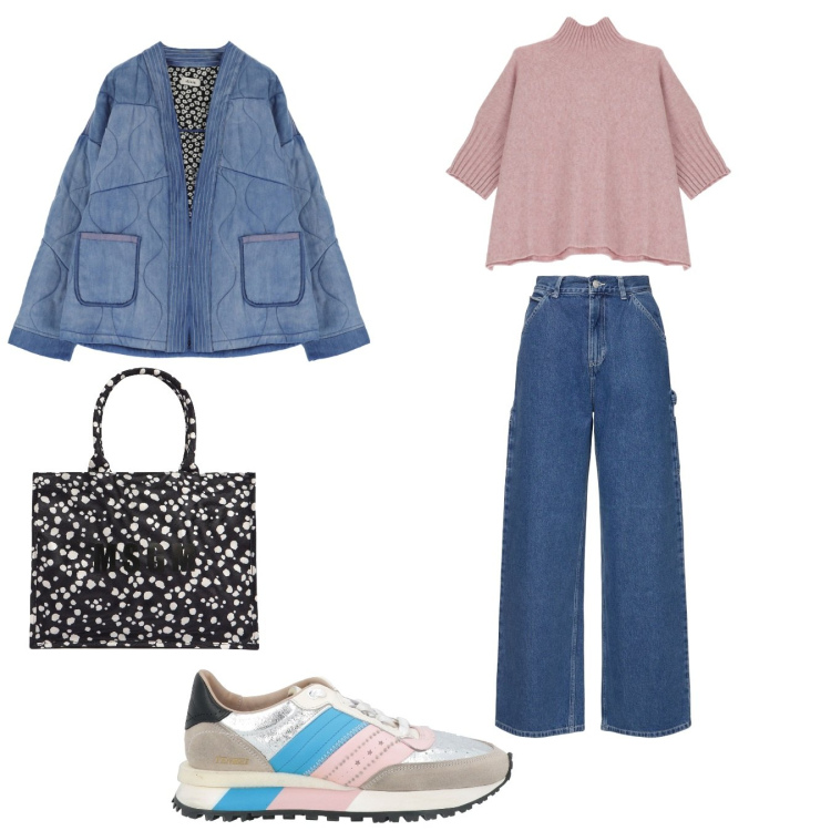 Outfit donna - Pratica e carina. Stile Basic per Tutti i giorni. Abbinamento con sneakers, maglieria, blazer, pantaloni, shopping bag.