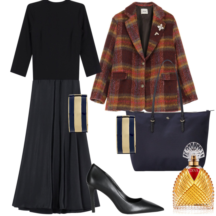 Outfit donna - Una diva al lavoro. Stile Urban per Ufficio. Abbinamento con décolleté, profumi, vestiti lunghi, blazer, borse tote, orecchini.