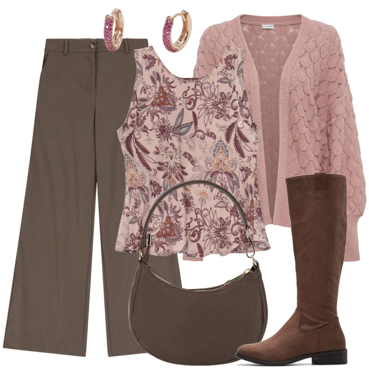 Outfit donna - Fiori in inverno. Stile Chic per Tutti i giorni. Abbinamento con cardigans, stivali, orecchini, top, pantaloni a palazzo, borse a spalla.