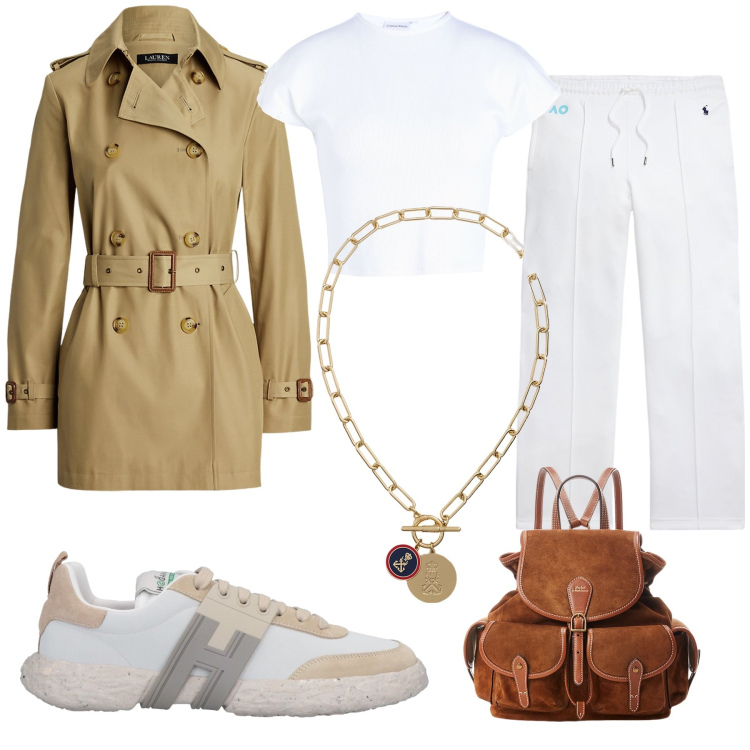 Outfit donna - Elegantemente sportiva. Stile Casual chic per Tutti i giorni. Abbinamento con sneakers, t-shirt, zaini, trench, ciondoli, pantaloni sportivi.