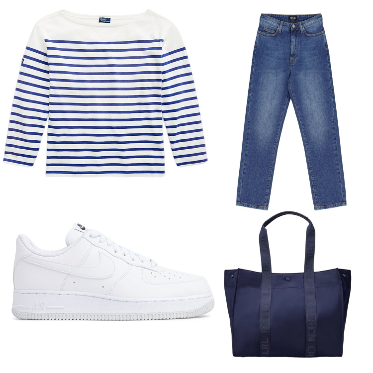 Outfit donna - Blu Con Stile. Stile Casual per Tutti i giorni. Abbinamento con t-shirt, borse tote, jeans dritti, sneakers.