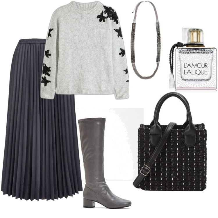 Outfit donna - Comoda e femminile. Stile Casual chic per Ufficio. Abbinamento con maglieria, stivali, profumi, shopping bag, collane, gonne longuette.