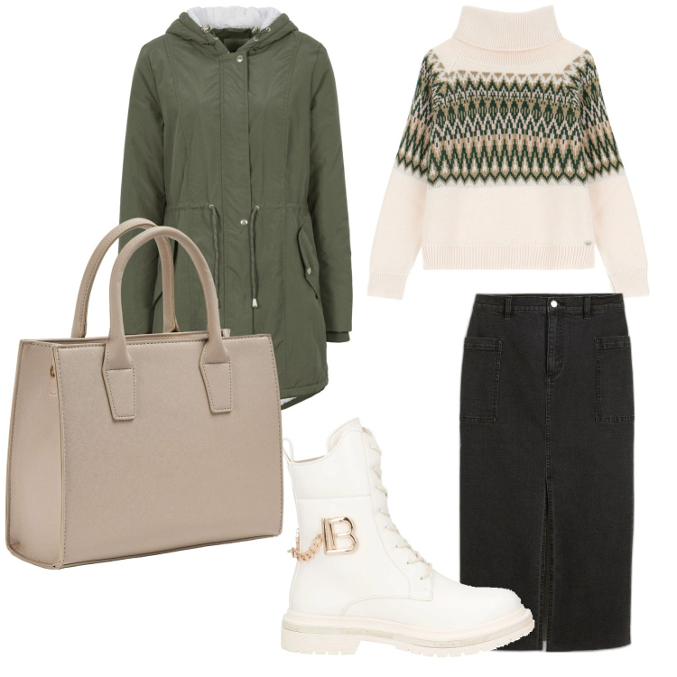 Outfit donna - Stamattina grigio e umido. per Tutti i giorni. Abbinamento con parka, gonne longuette, anfibi, maglieria, shopping bag.