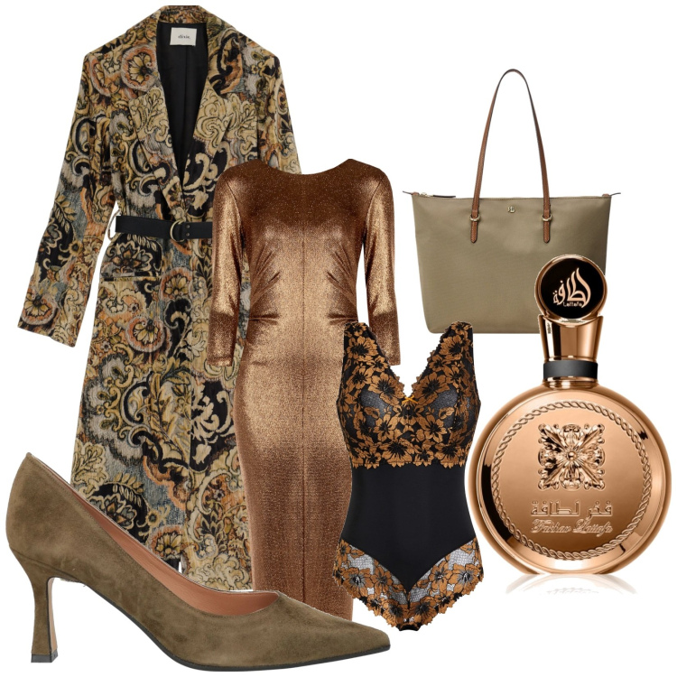 Outfit donna - Rinascimentale. Stile Vintage retrò per Serata fuori. Abbinamento con body, décolleté, profumi, vestiti, trench, borse tote.