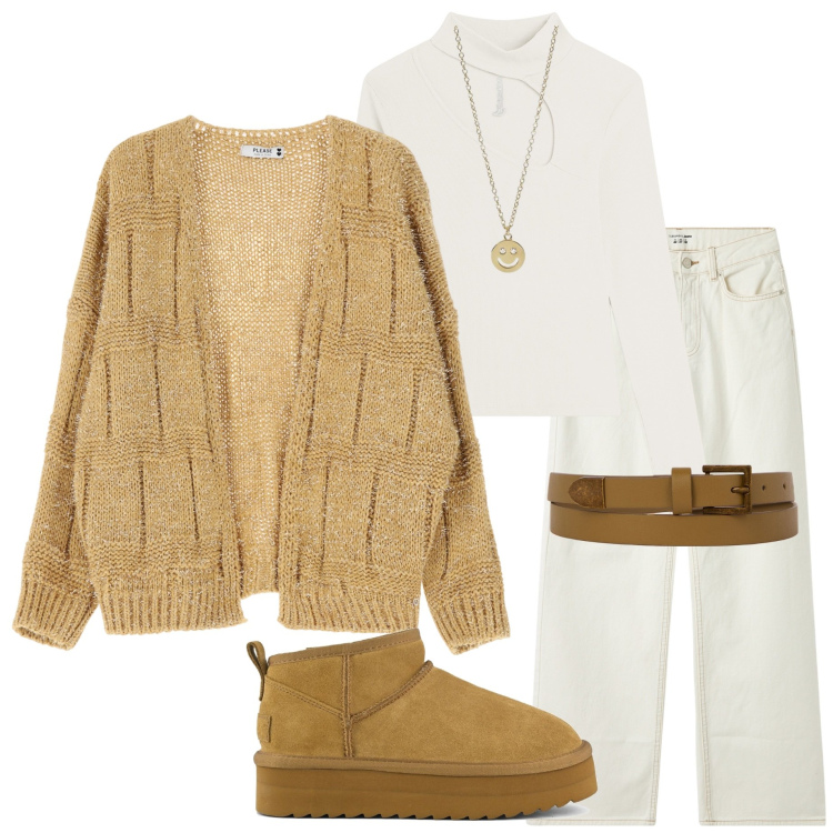 Outfit donna - Freddo a febbraio. Stile Casual per Tutti i giorni. Abbinamento con jeans, collane, cardigans, maglieria, cinture, stivaletti.