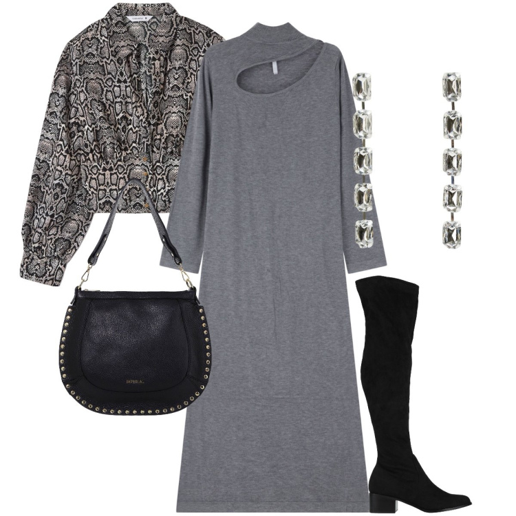 Outfit donna - La blusa pitonata. Stile Casual chic per Serata fuori. Abbinamento con stivali, orecchini, bluse, vestiti asimmetrici, borse a spalla.
