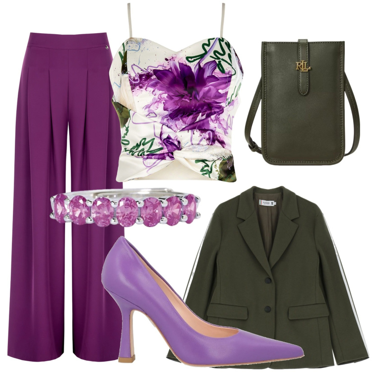 Outfit donna - Peonia e acquarelli. Stile Glamour per Serata fuori. Abbinamento con décolleté, anelli, blazer, top, pantaloni a palazzo, borse a tracolla.