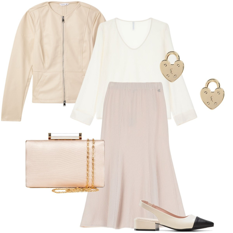 Outfit donna - Toni pastello. Stile Romantica per Cerimonia. Abbinamento con décolleté, blazer, clutch, camicie, gonne lunghe, orecchini.