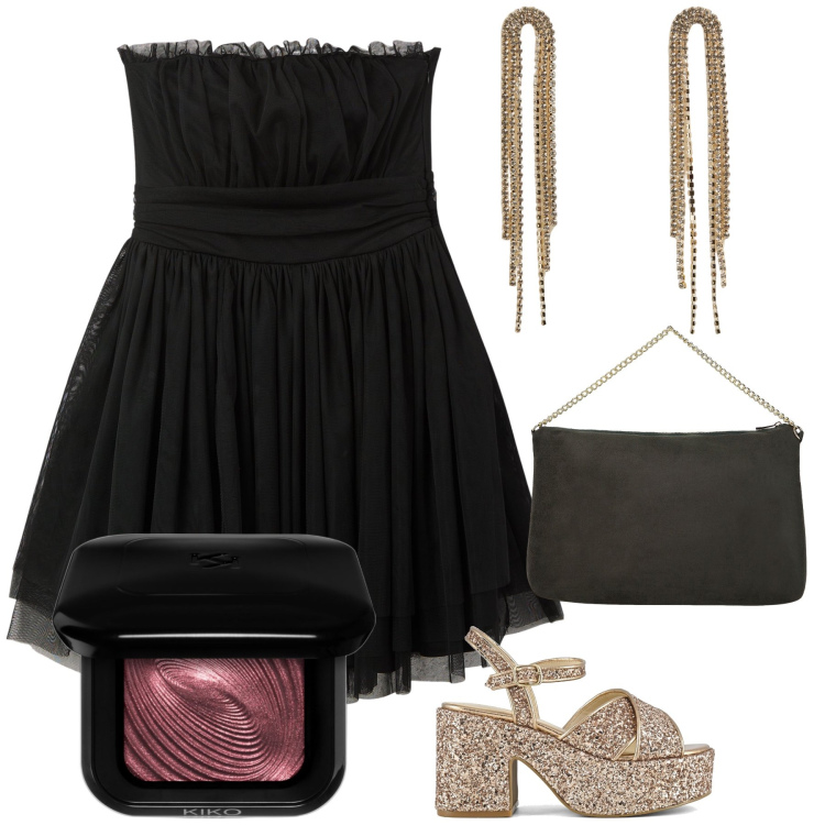 Outfit donna - San Valentino disco. Stile Glamour per Serata fuori. Abbinamento con ombretti, vestiti corti, orecchini, pochette, sandali.