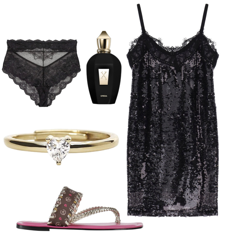 Outfit donna - San Valentino a casa. Stile Sexy per Tutti i giorni. Abbinamento con culotte, ciabatte, profumi, anelli, vestiti corti.
