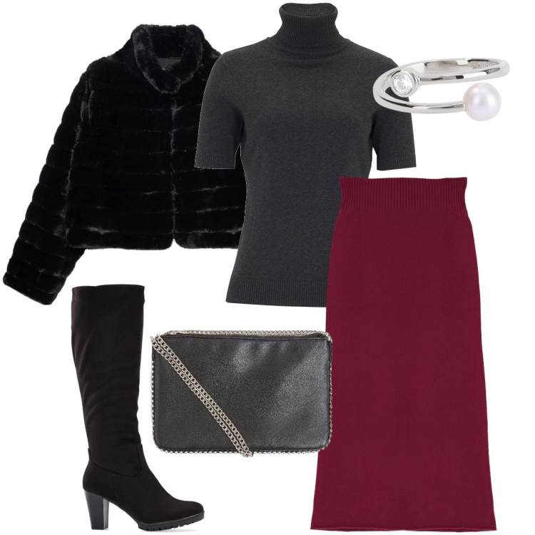Outfit donna - Il pellicciotto nero. Stile Sexy per Serata fuori. Abbinamento con stivali, maglieria, borse a tracolla, anelli, gonne longuette, blazer.