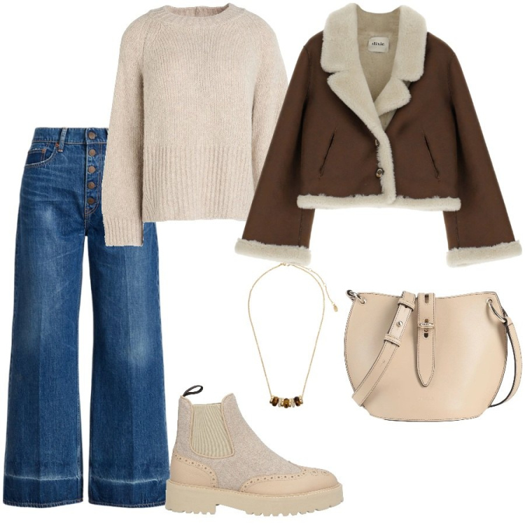 Outfit donna - Free time. Stile Casual per Tutti i giorni. Abbinamento con pullovers, stivaletti chelsea, borse a tracolla, blazer, collane, jeans.