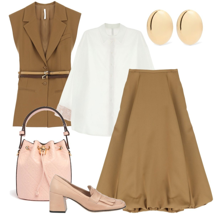 Outfit donna - Imperial style. Stile Romantica per Ufficio. Abbinamento con mocassini, gonne longuette, camicie, gilet, borse a secchiello, orecchini.