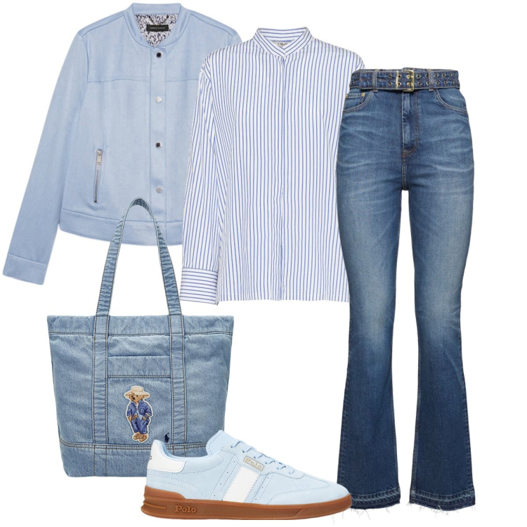 Outfit donna - Dal celeste al blu. Stile Sporty chic per Tutti i giorni. Abbinamento con sneakers, borse tote, blazer, jeans dritti, camicie.
