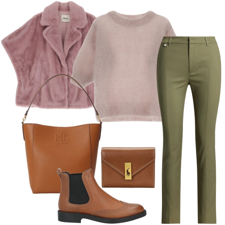 Outfit donna - Il pellicciotto rosa. Stile Trendy per Ufficio. Abbinamento con stivaletti chelsea, blazer, maglieria, portafogli, pantaloni, borse a secchiello.
