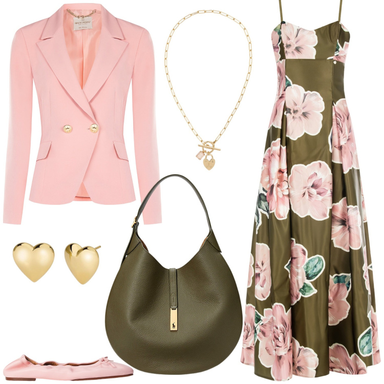 Outfit donna - Rinascimento - SS25. Stile Chic per Tutti i giorni. Abbinamento con vestiti lunghi, blazer, orecchini, borse a spalla, ballerine, collane.