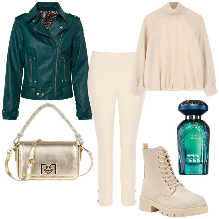 Outfit donna - Total look #2055537. Stile Casual per Tutti i giorni. Abbinamento con blazer, profumi, pantaloni, borse a mano, anfibi, maglieria.