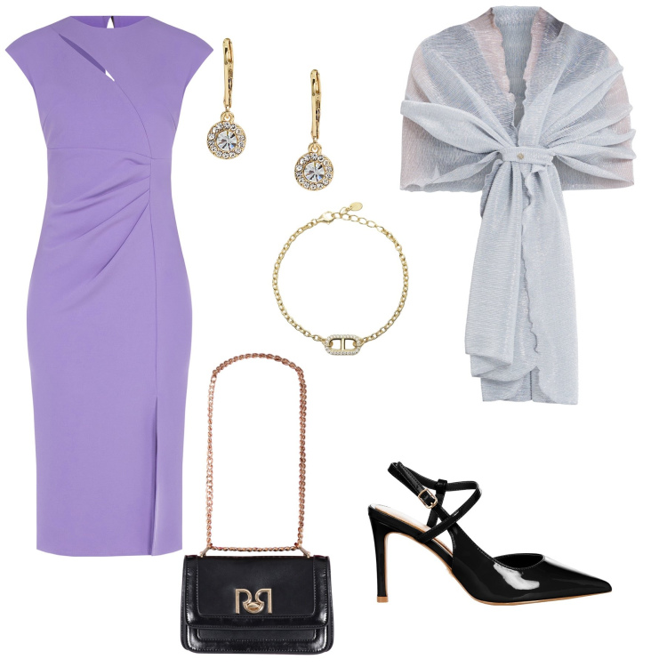 Outfit donna - Lilla è già primavera. Stile Bon Ton per Cerimonia. Abbinamento con braccialetti, stole, vestiti midi/longuette, borse a tracolla, décolleté, orecchini.