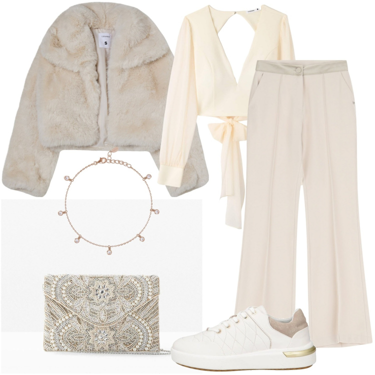 Outfit donna - Bianco avorio. Stile Sporty chic per Tutti i giorni. Abbinamento con pochette, sneakers, bluse, blazer, braccialetti, pantaloni.